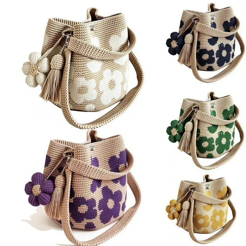 Handmade Crochet Bag Flower Tote Knit Floral Purse Bag, Boho Woven Beach Handbags Crossbody Shoulder Bag for Women Vacation