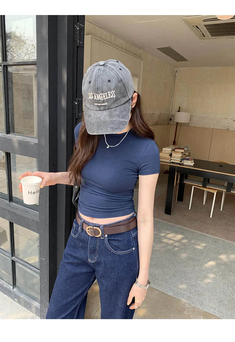 Y2K Vintage Slim Fit Crop Top - Solid Crewneck Short Sleeve Tee