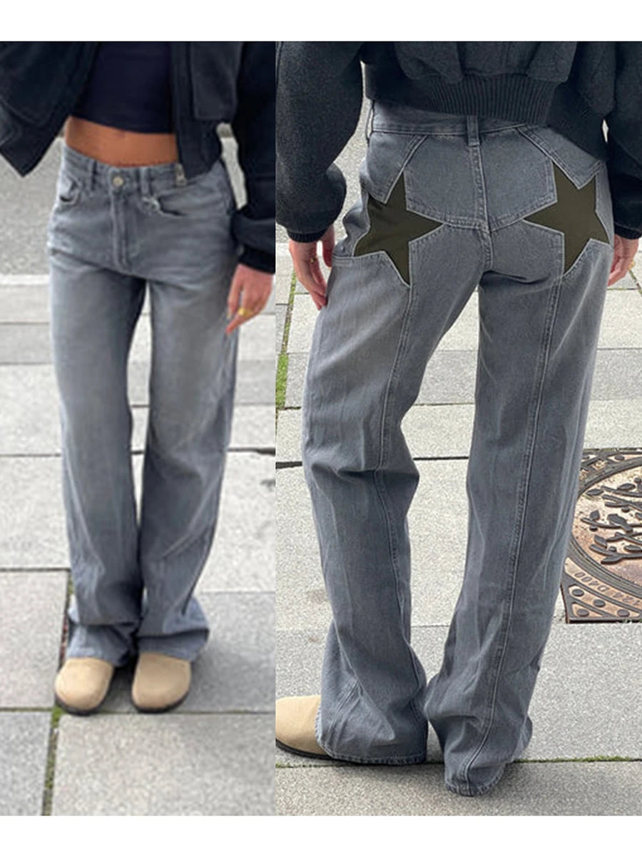 Women's Y2K Star Print Low-Rise Straight-Leg Jeans