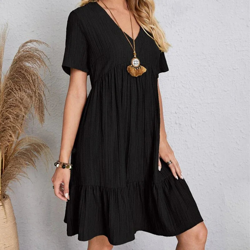 Elegant V-Neck Pleated A-Line Dress