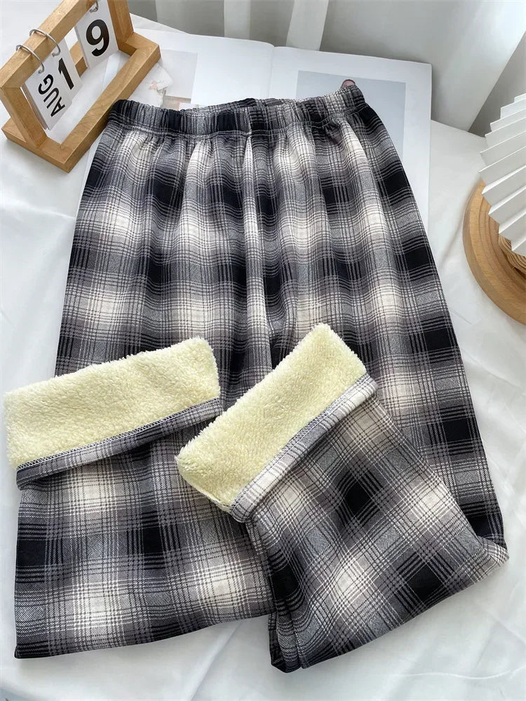 Plaid Plush Wide-Leg Trousers