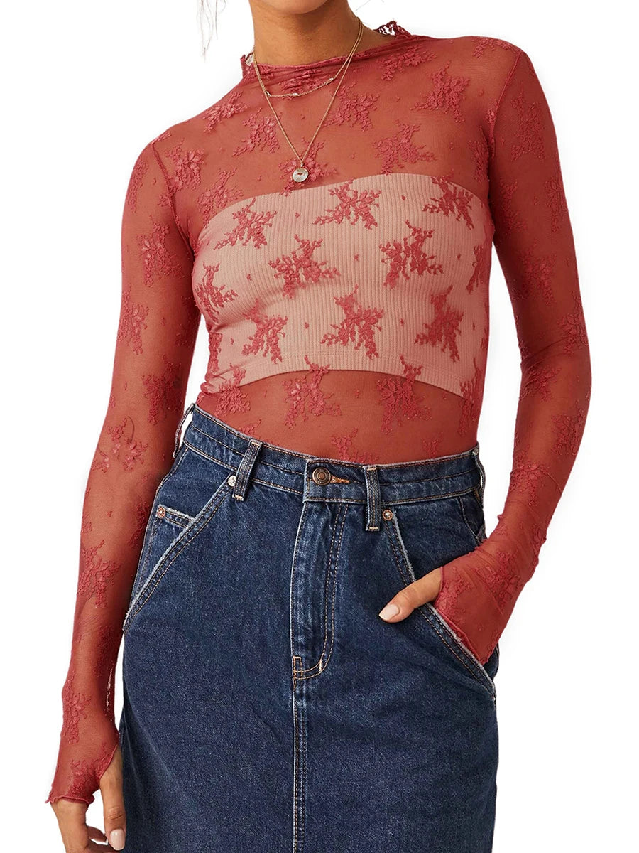 Floral Lace Sheer Mesh Long Sleeve Top