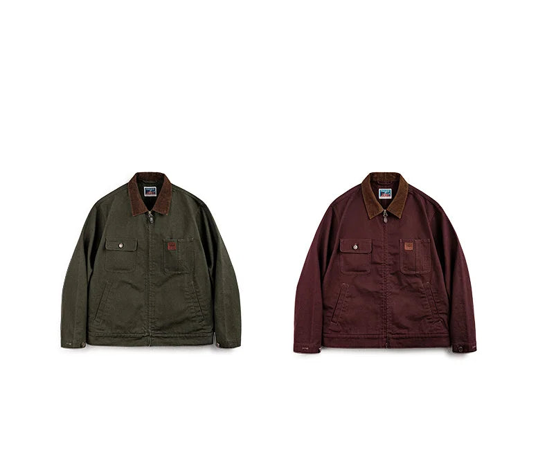 Maden Retro Heavyweight Canvas Detroit Jacket Corduroy Collar Hunting Short Zip-Up Jacket with Pockets Men's Autumn Outerwear