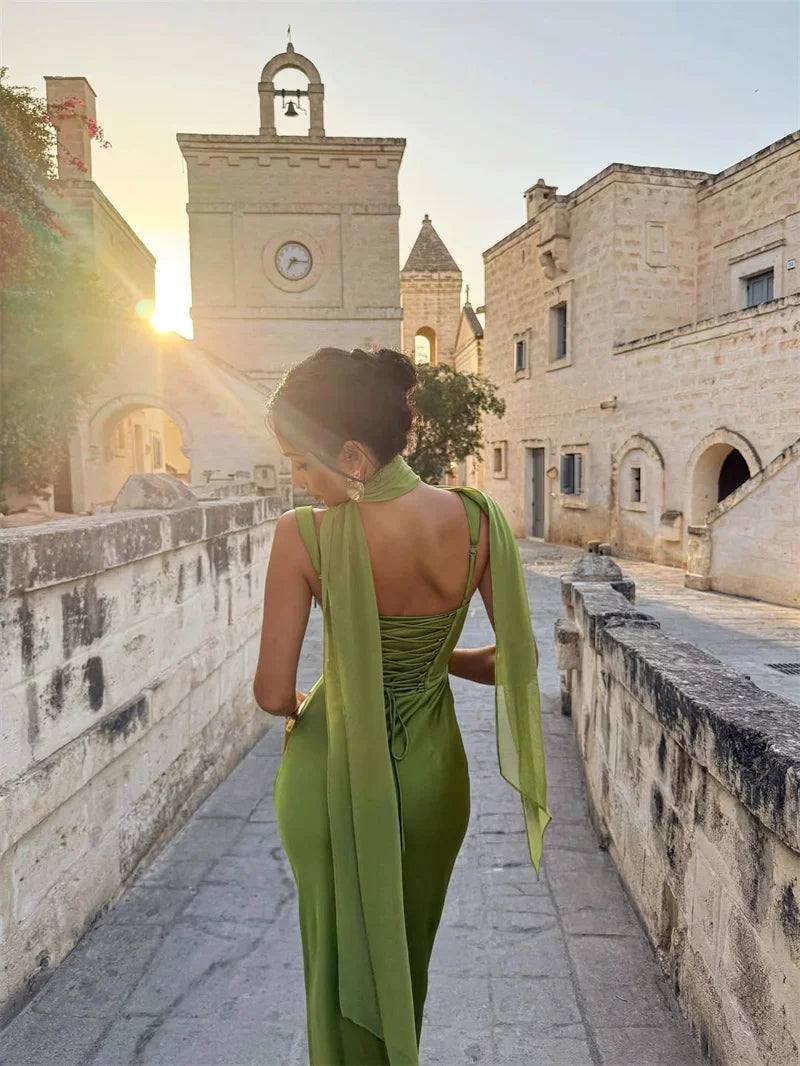 Elegant Backless Satin Maxi Dress – Sleeveless Halter Bodycon Party Gown