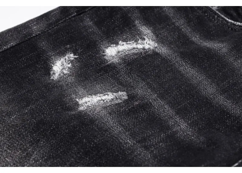 Men's Slim-Fit Distressed Black Grey Denim Jeans