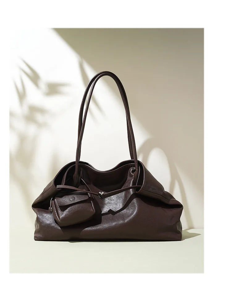 2026 Women's Top Grain Leather Tote Indie Inspired Shoulder Purse Large Capacity Commuting Crossbody Bag Contemporary Daily Use