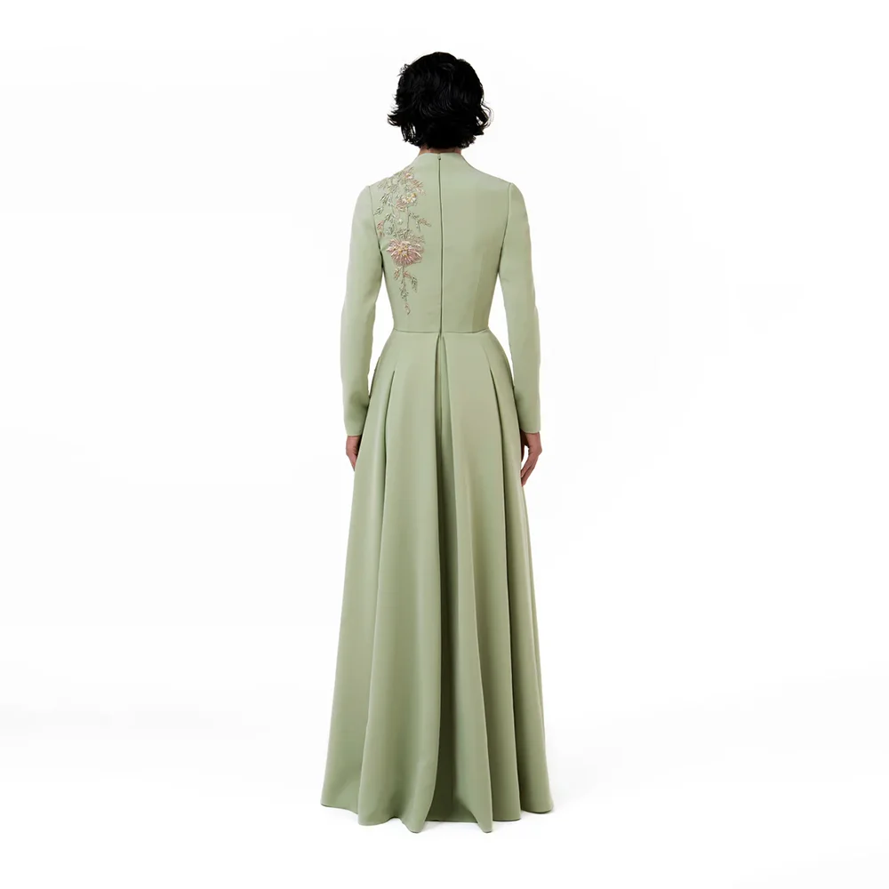 Sage Green Evening Dress Customized Deep V-Neck Long Sleeves Evening Gowns for Women 2026 Pleated A Line Formal Dress Long