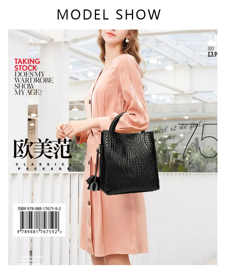 Fashionable and luxurious woven pattern casual versatile black woven pattern daily commuting cowhide women's handbag