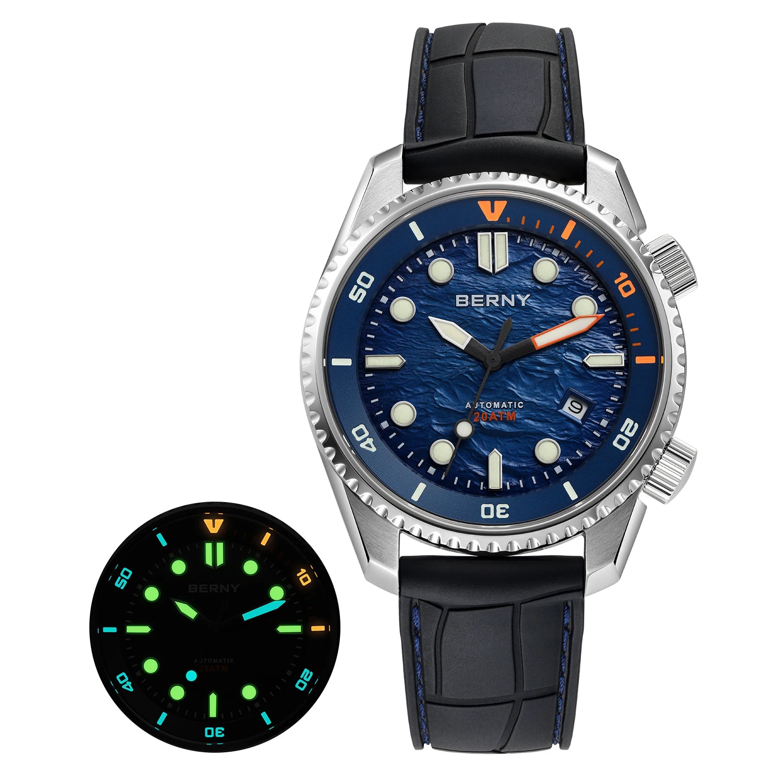 BERNY Automatic Diver Watch for Men Top Luxury Sapphire 316L Steel New Wave Dial 200M Waterproof Mechanical Diving Men's Watches