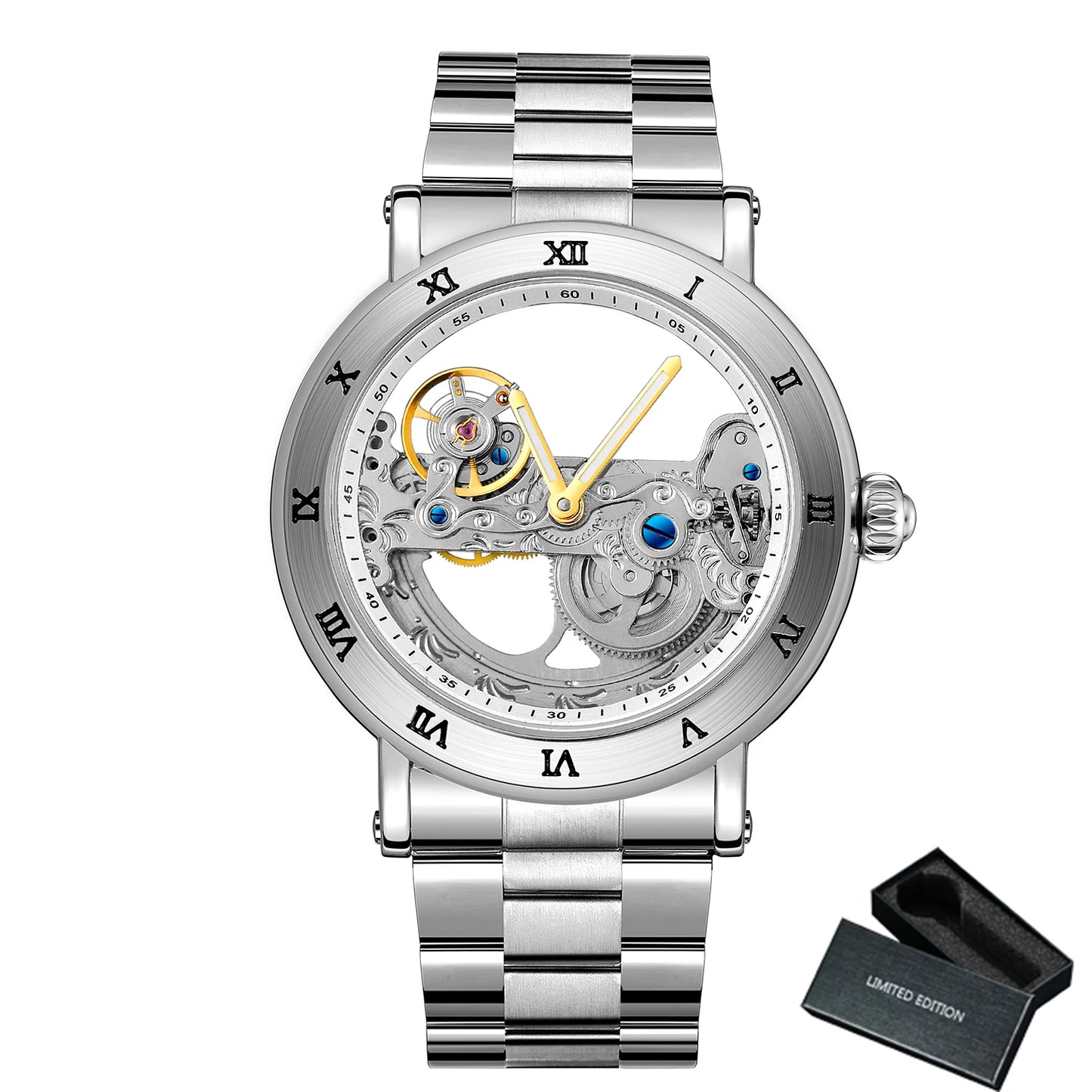 Vintage Mechanical Watches Golden Bridge Skeleton Automatic Mens Watch Luxury Genuine Leather Belt Carved Movement Luminous Hand