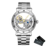 Vintage Mechanical Watches Golden Bridge Skeleton Automatic Mens Watch Luxury Genuine Leather Belt Carved Movement Luminous Hand