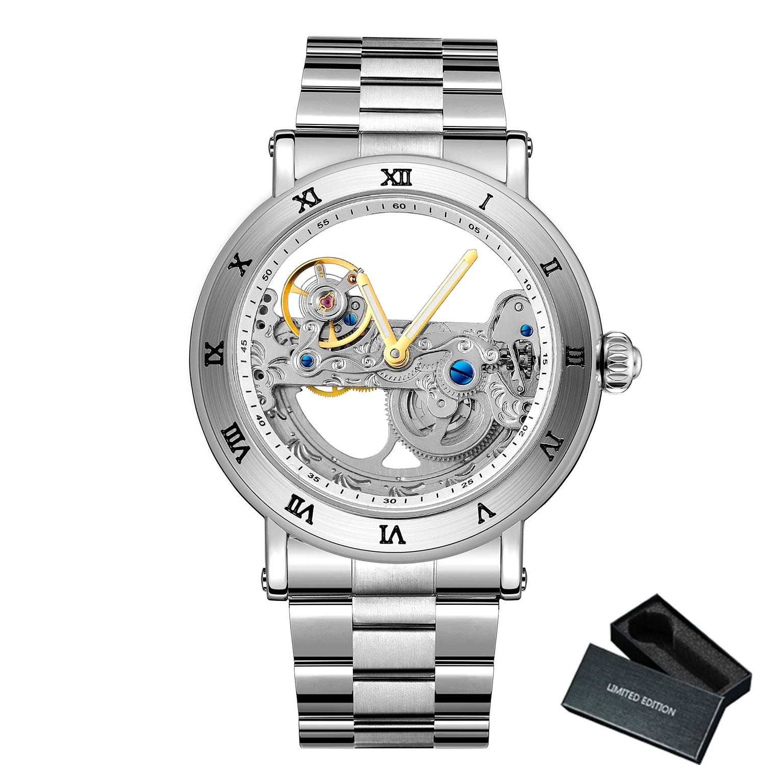Vintage Mechanical Watches Golden Bridge Skeleton Automatic Mens Watch Luxury Genuine Leather Belt Carved Movement Luminous Hand