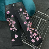 Retro Cherry Blossom Embroidered Wide Leg Y2K Jeans