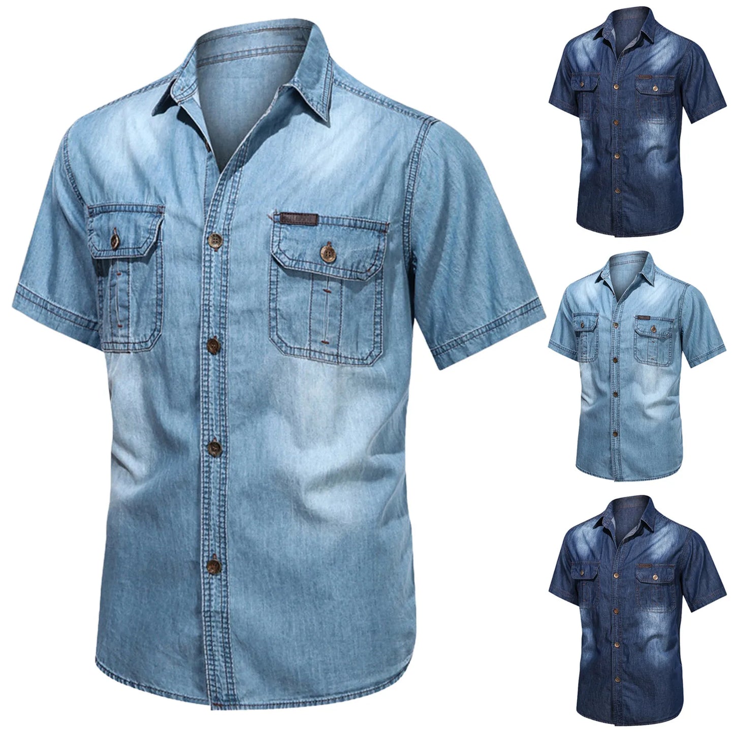 Vintage Street Denim Shirts For Men Male Summer Solid Shirt Short Sleeve Pocket Turn Down Button Shirt Hemden FüR MäNner