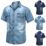 Vintage Street Denim Shirts For Men Male Summer Solid Shirt Short Sleeve Pocket Turn Down Button Shirt Hemden FüR MäNner