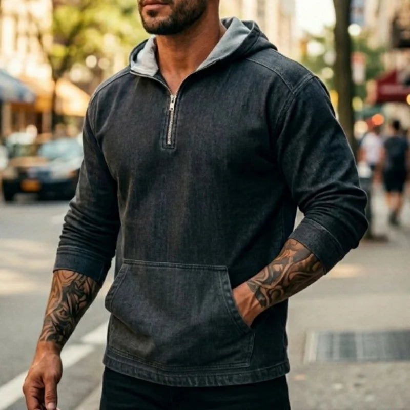 Spring/Autumn Men's Hoodie Denim Streetstyle Zip-Up | Short-Sleeved Sweatshirt | New Casual & Versatile Casualwear Top for Man