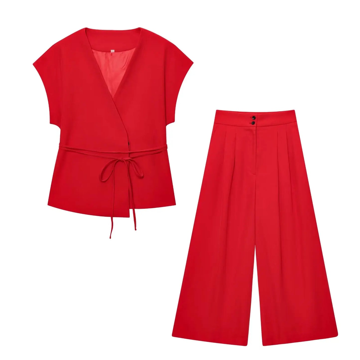 2-Piece Sleeveless V-Neck Trouser Set with Belt – Summer Commuter Wide Leg Suit