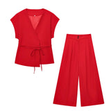 2-Piece Sleeveless V-Neck Trouser Set with Belt – Summer Commuter Wide Leg Suit
