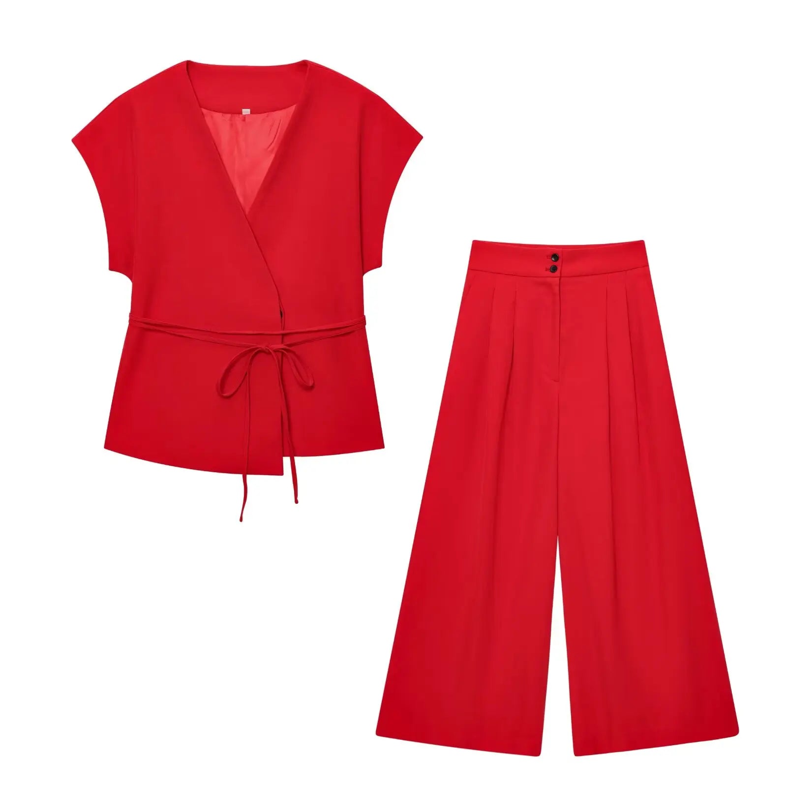 2-Piece Sleeveless V-Neck Trouser Set with Belt – Summer Commuter Wide Leg Suit