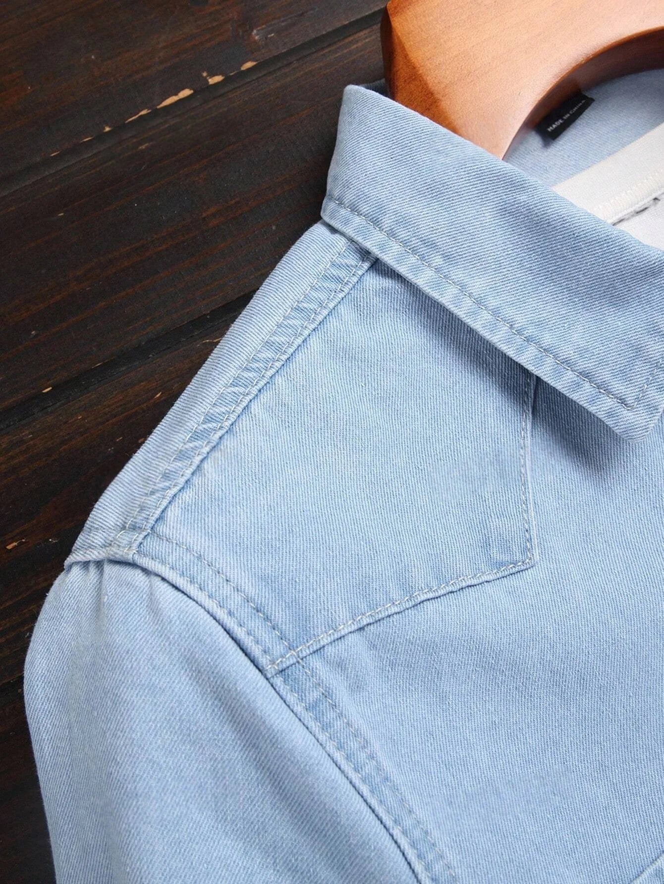 Men Light Blue Washed Denim Shirts Long Sleeve Button Down Casual Shirts With Dual Chest Pockets Western Style Work Shirts