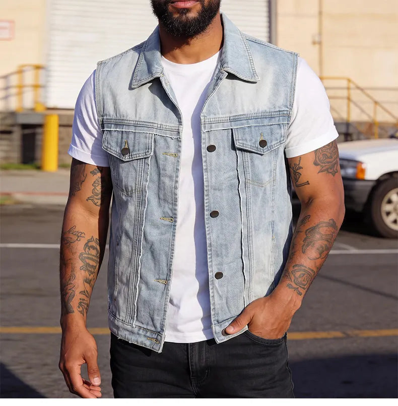Unisex Retro Hong Kong Style Denim Vest Casual Fashion Sleeveless Waistcoat Trendy Loose Streetwear Outerwear Vest Tops Men