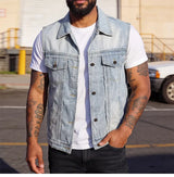 Unisex Retro Hong Kong Style Denim Vest Casual Fashion Sleeveless Waistcoat Trendy Loose Streetwear Outerwear Vest Tops Men