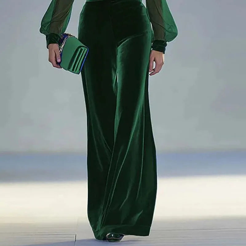 Deep V-Neck Velvet Jumpsuit – Elegant High-Waist Mesh Long Sleeve Romper