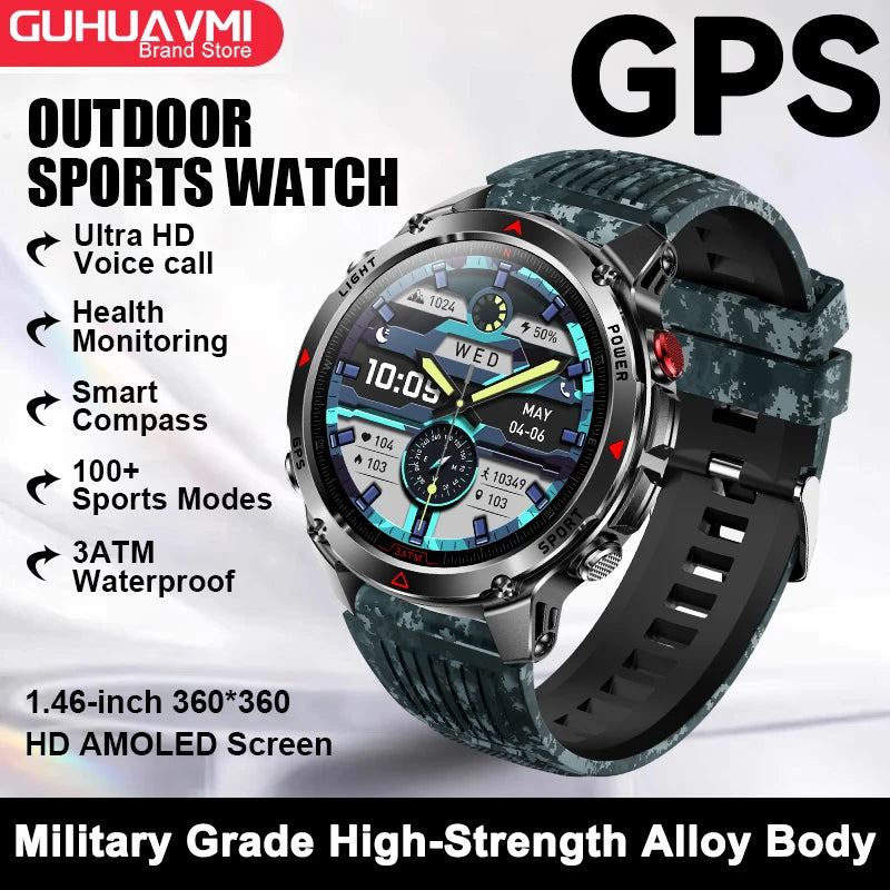 2026 New Military Bluetooth Call Smart Watch Built-in GPS Compass Barometric Altimeter 10ATM Waterproof Sports Smartwatches Men