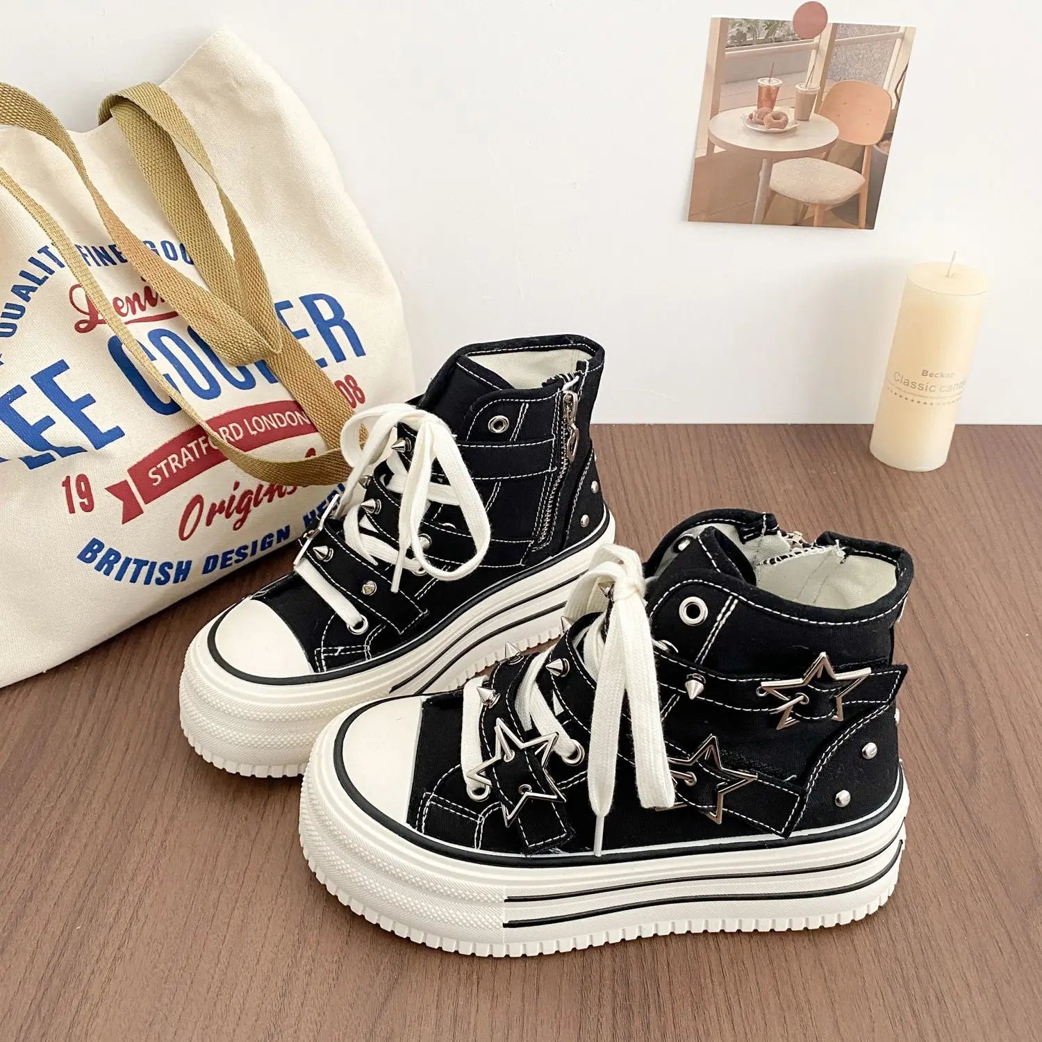 Women's High-Top Canvas Platform Sneakers — Rivet Buckle Lace-Up