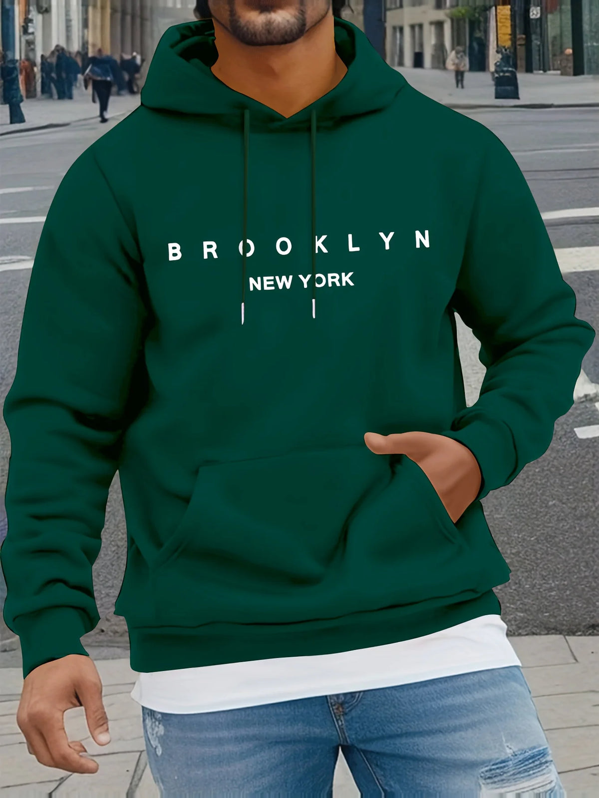 Men's Autumn and Winter Casual Fashionable Loose Brooklyn Classic Letter Printed Long-Sleeved Warm Hooded Pullover