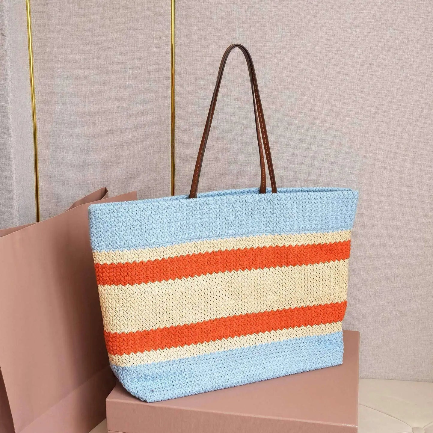 UOSU Woven Straw Tote — Large Contrast Stripe Beach Bag