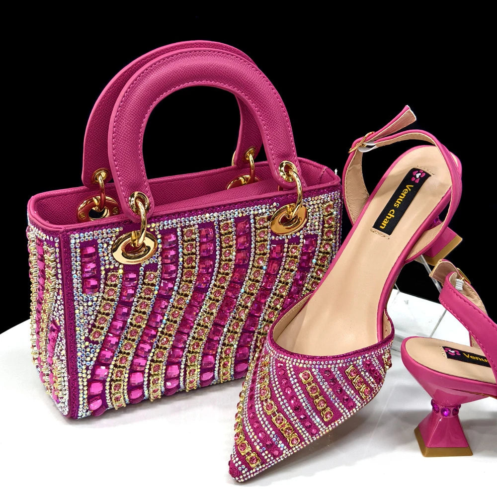 Rhinestone Pointed-Toe Slingback Heels & Bag Set
