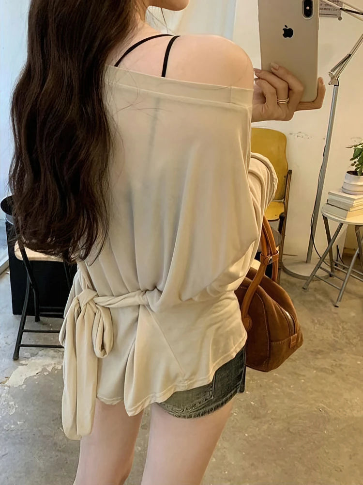 Sheer Oversized Off-Shoulder Long Sleeve Tee | Back Ribbon Detail
