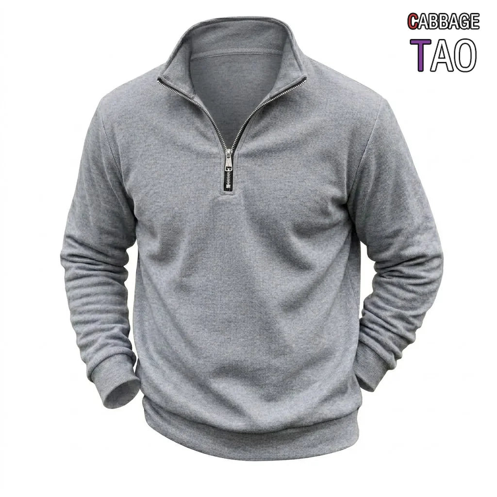Mens Zip Up Jumper Mock Neck Warm Fleece Daily Knit Top Plain Tone Long Sleeve Pullover Outer Garment Tees for Guys Street