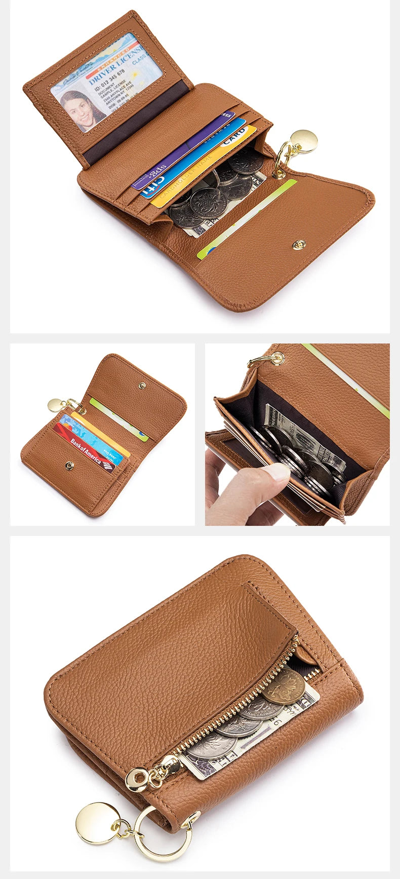 Women Genuine Leather Slim TriFold Wallet Credit Card Holder With Zipper Coin Pouch, ID Window & Keychain
