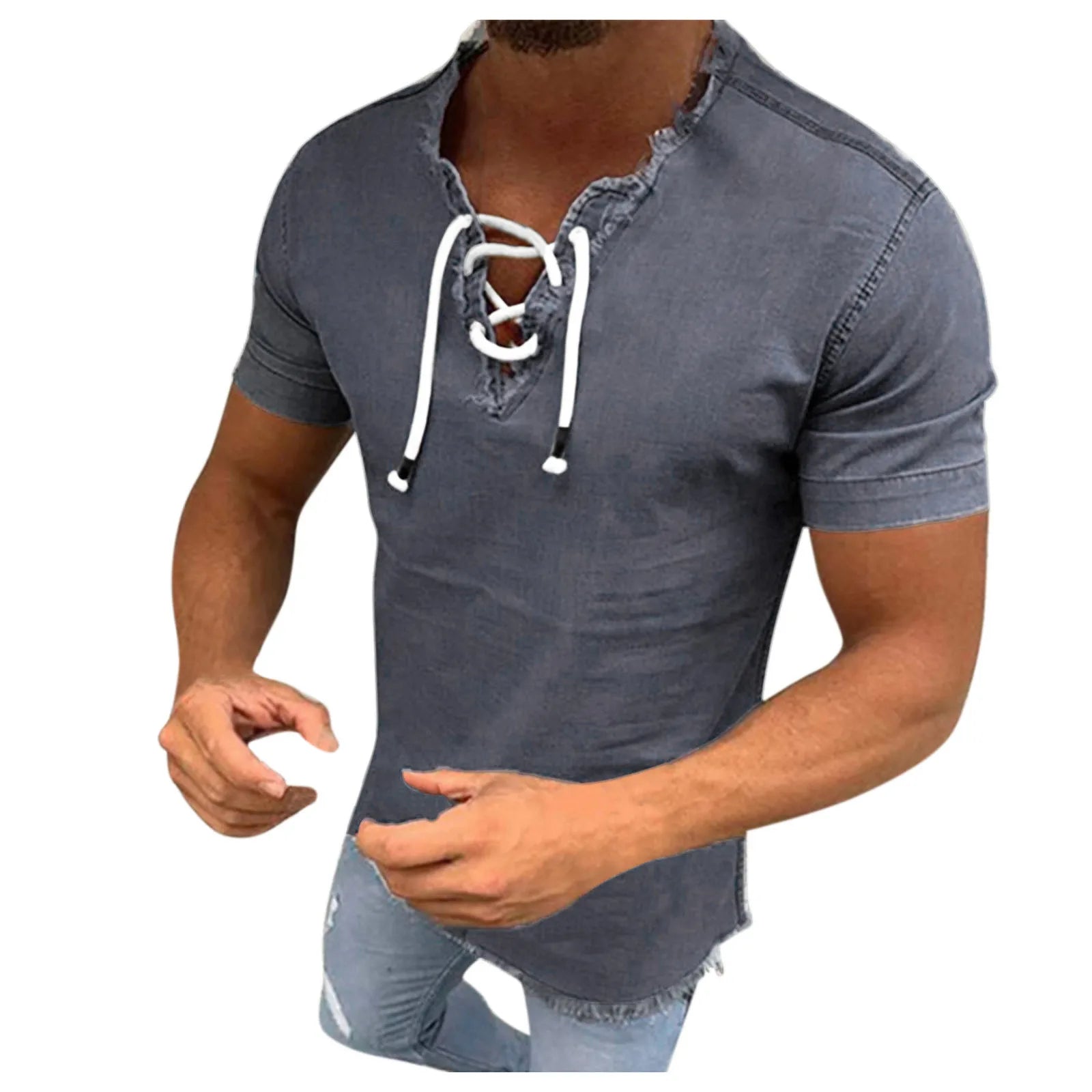Jeans Shirt Jackets For Man Short Shirt Tops Male V Tassel Denim Solid Neck Sleeve Blouse Men рубашка мужская с длинным рукавом