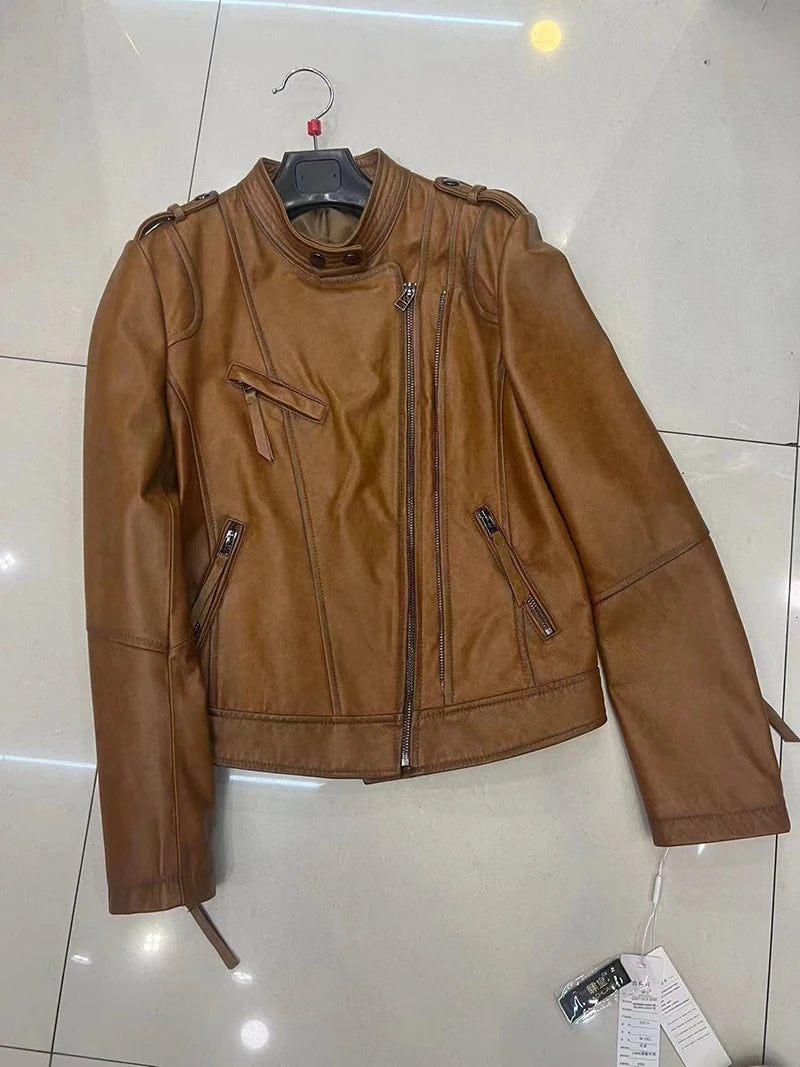 Women's Short Genuine Sheepskin Biker Jacket
