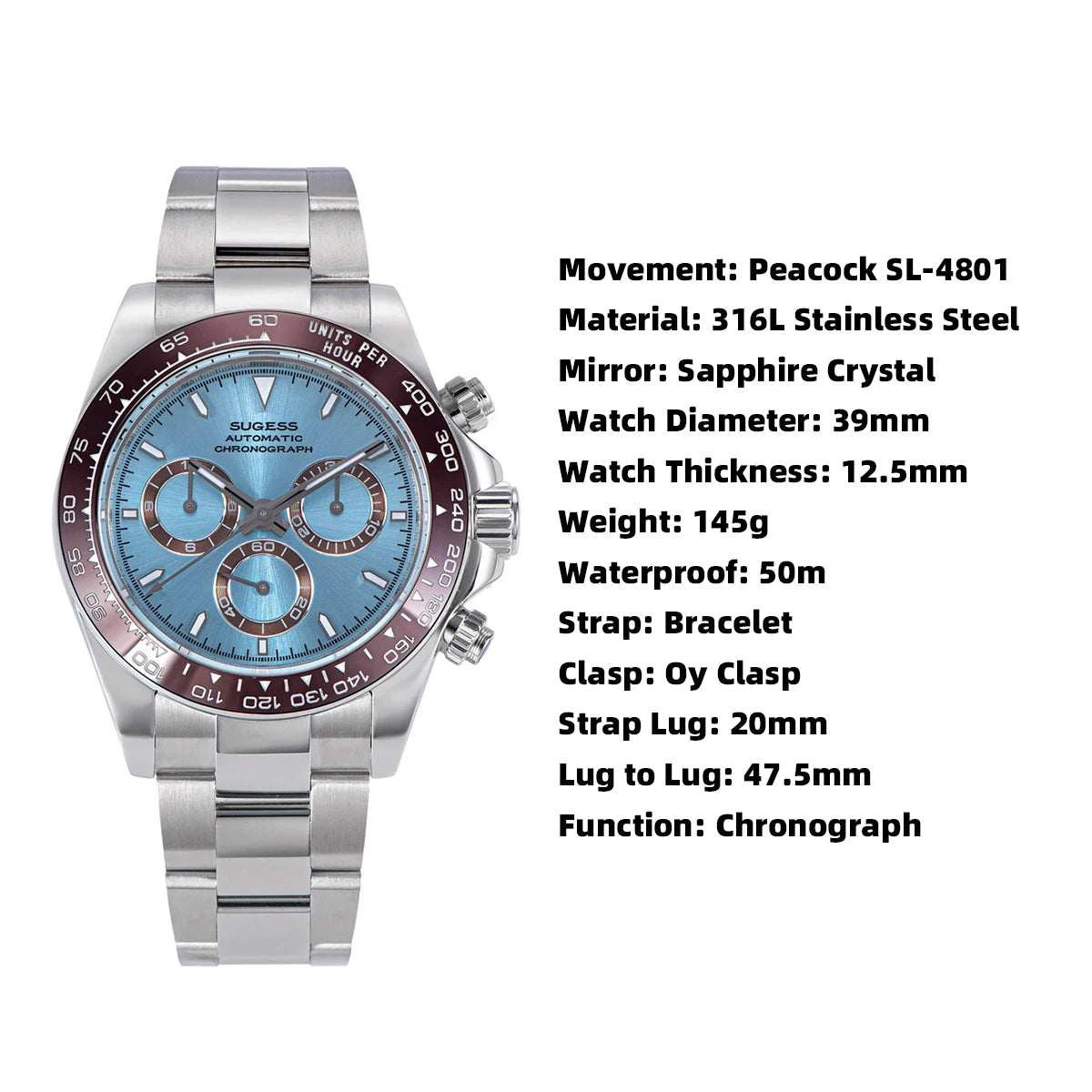 Sugess Panda Chronograph 39mm Automatic Watch