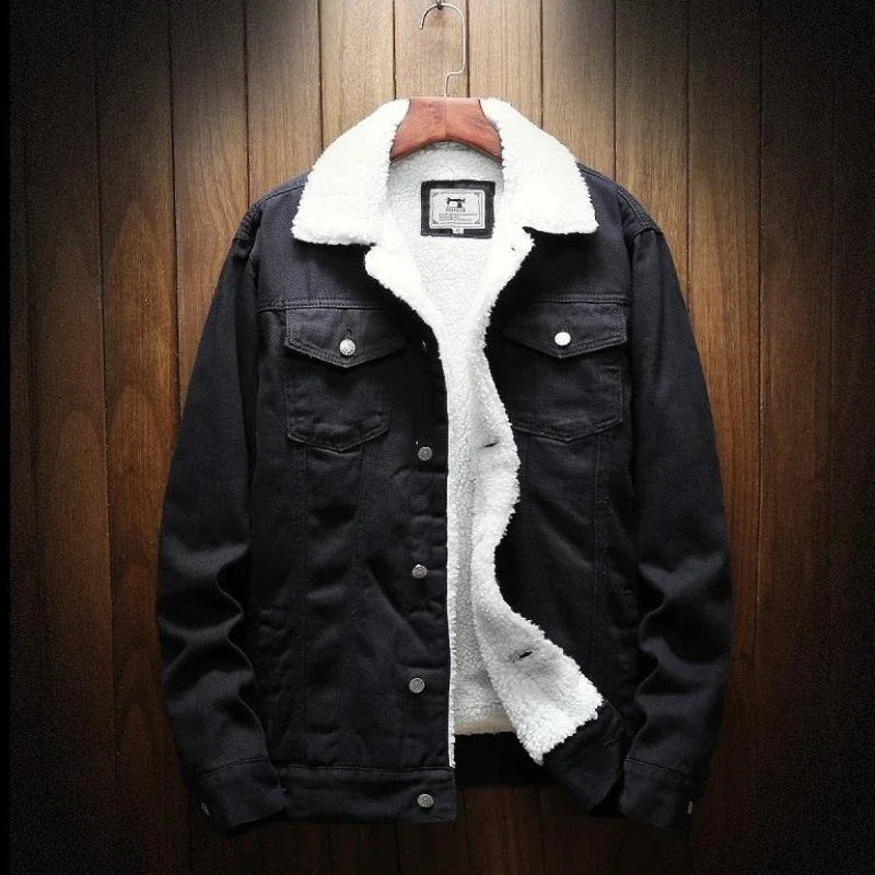 Men’s Winter Sherpa-Lined Denim Jacket – Slim Fit Padded Fleece Coat