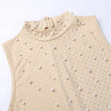 Elegant O-Neck Sleeveless Jumpsuit - Chic Beaded Mesh Mesh Romper in Apricot