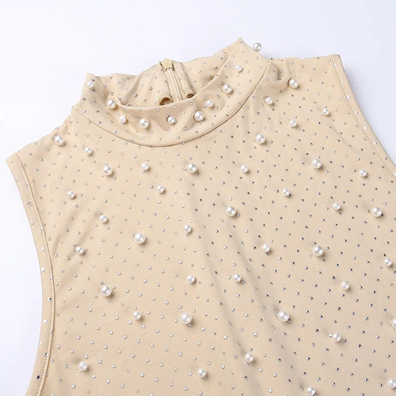 Elegant O-Neck Sleeveless Jumpsuit - Chic Beaded Mesh Mesh Romper in Apricot