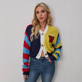 Colorful Striped Letter Knit Vest & Coat Set