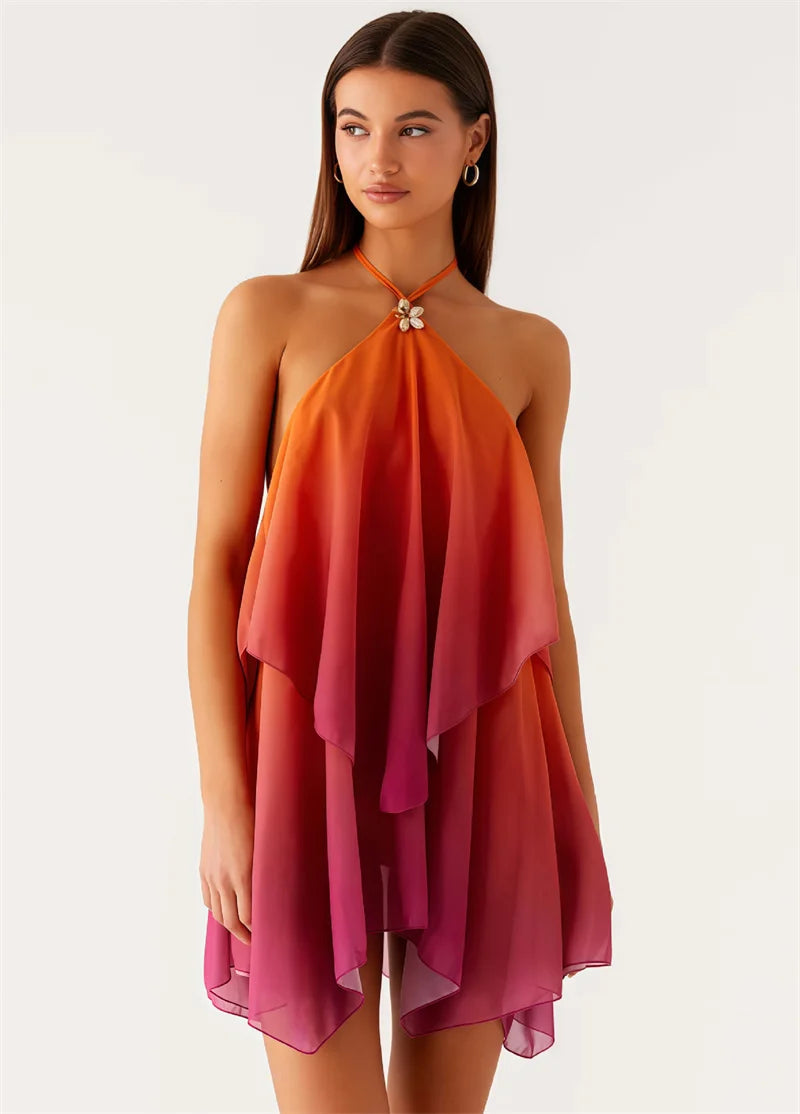 Women's Gradient Halter Backless Mini Dress – Elegant Mesh Off-Shoulder Party Gown