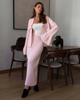 Hirsionsan Sexy Soft Elegant Vintage Women Suits 2 Pieces Female Sets Polo Neck Cardigan Sweater & Midi Dress Knitted TrackSuit