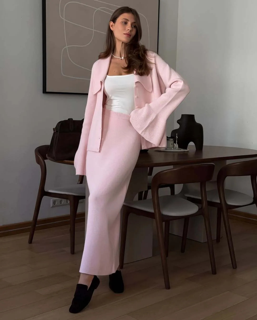 Hirsionsan Sexy Soft Elegant Vintage Women Suits 2 Pieces Female Sets Polo Neck Cardigan Sweater & Midi Dress Knitted TrackSuit