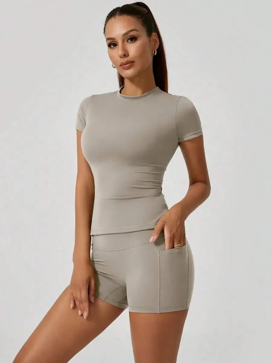 Women's Sculpting Sports Short Sleeve & High-Waist Shorts Set