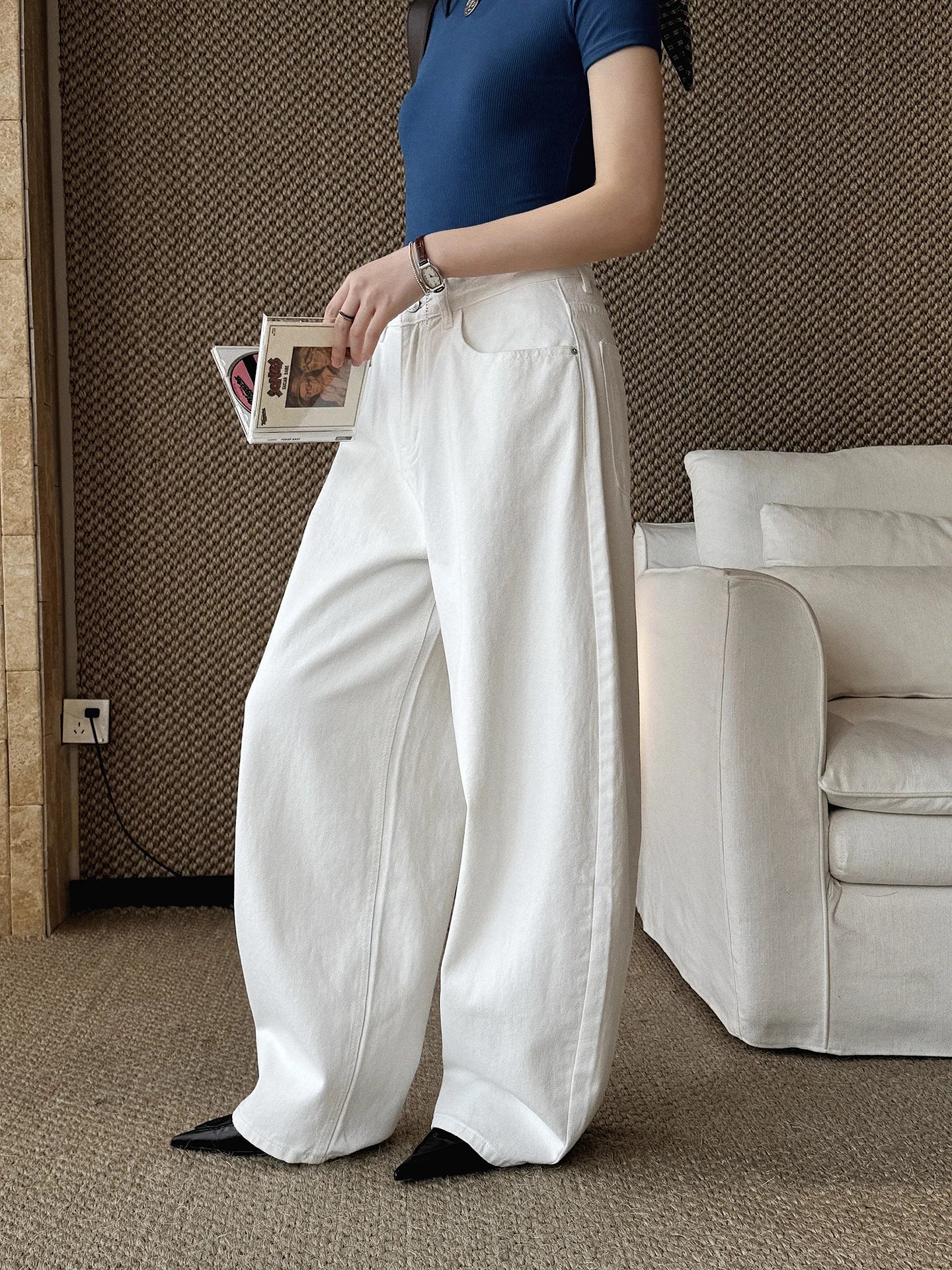 Spring/Summer New American Retro Fashionable High Waist Washed Used Cat Beard Jeans Loose Wide Leg Pants Women