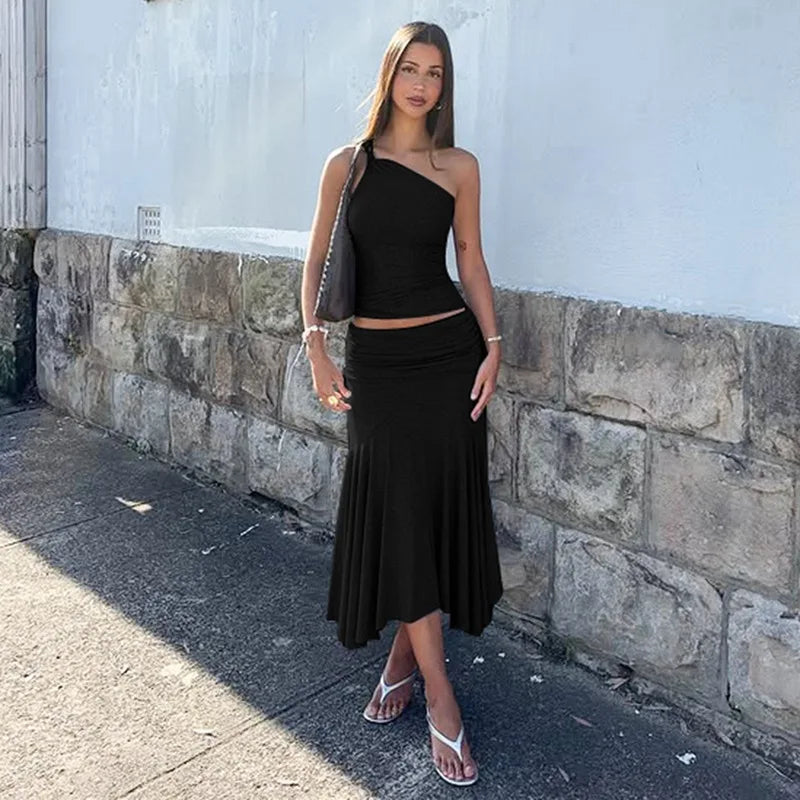 Tossy Fashion Pleated 2 Piece-Set Long Skirt For Women Off-Shoulder Cropped Pullover Top And Slim Long Skirt Sets Female Outfits