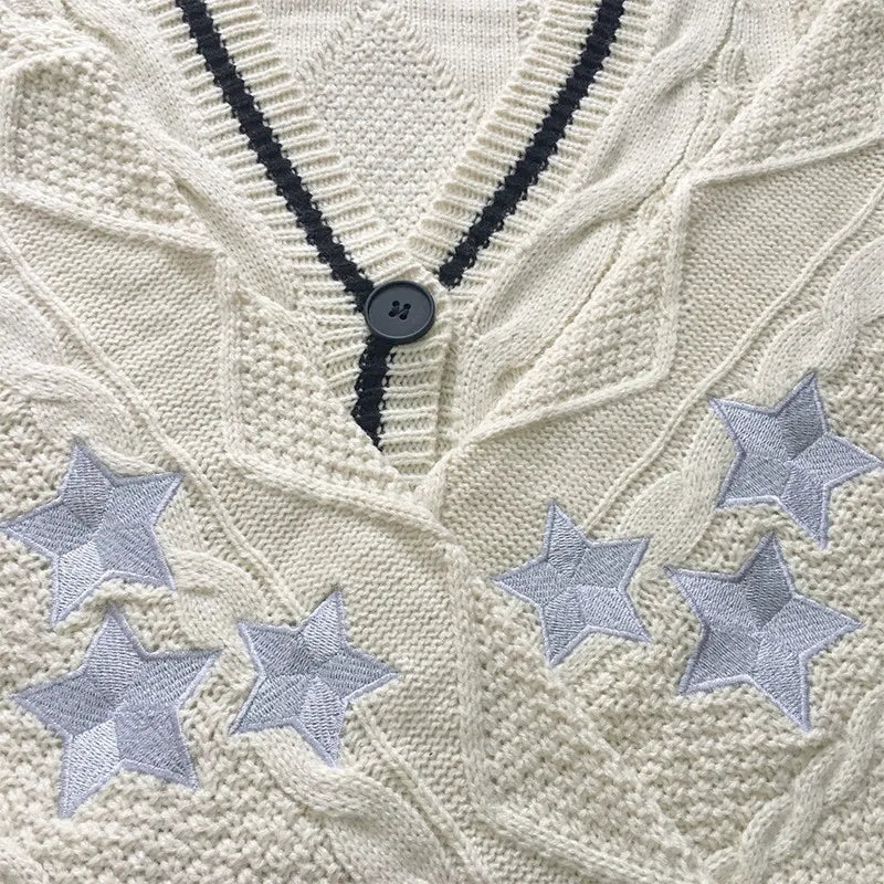 Chic Vintage Star Print Knit Cardigan - V-Neck Aesthetic Preppy Sweater