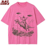 T075 Cartoon Dinosaur Print Fashion T-Shirt Women's Unisex Wash Distressed Vintage Tee Student Fashion Design Vacation Top